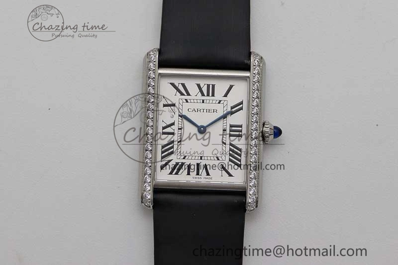 EyeCatching Tank Must Large SS K11F 1:1 Best Edition White Dial Diamonds Bezel on Satin Leather Strap Ronda Quartz 6071
