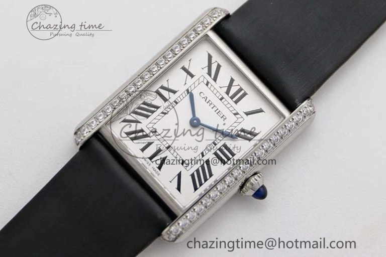 EyeCatching Tank Must Large SS K11F 1:1 Best Edition White Dial Diamonds Bezel on Satin Leather Strap Ronda Quartz 6071
