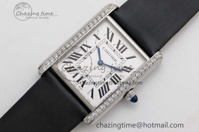 EyeCatching Tank Must Large SS K11F 1:1 Best Edition White Dial Diamonds Bezel on Satin Leather Strap Ronda Quartz 6071
