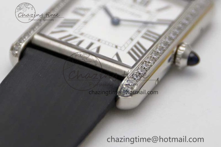 EyeCatching Tank Must Large SS K11F 1:1 Best Edition White Dial Diamonds Bezel on Satin Leather Strap Ronda Quartz 6071