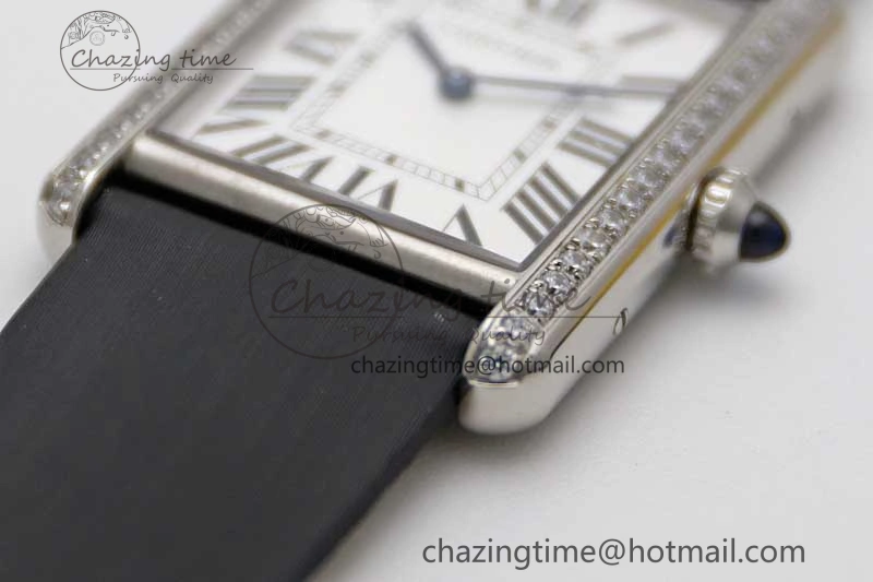 EyeCatching Tank Must Large SS K11F 1:1 Best Edition White Dial Diamonds Bezel on Satin Leather Strap Ronda Quartz 6071