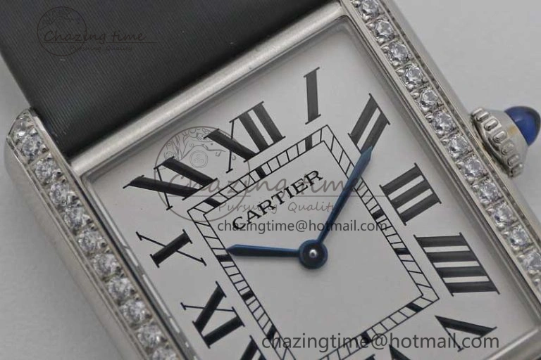 EyeCatching Tank Must Large SS K11F 1:1 Best Edition White Dial Diamonds Bezel on Satin Leather Strap Ronda Quartz 6071