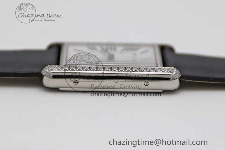 EyeCatching Tank Must Large SS K11F 1:1 Best Edition White Dial Diamonds Bezel on Satin Leather Strap Ronda Quartz 6071