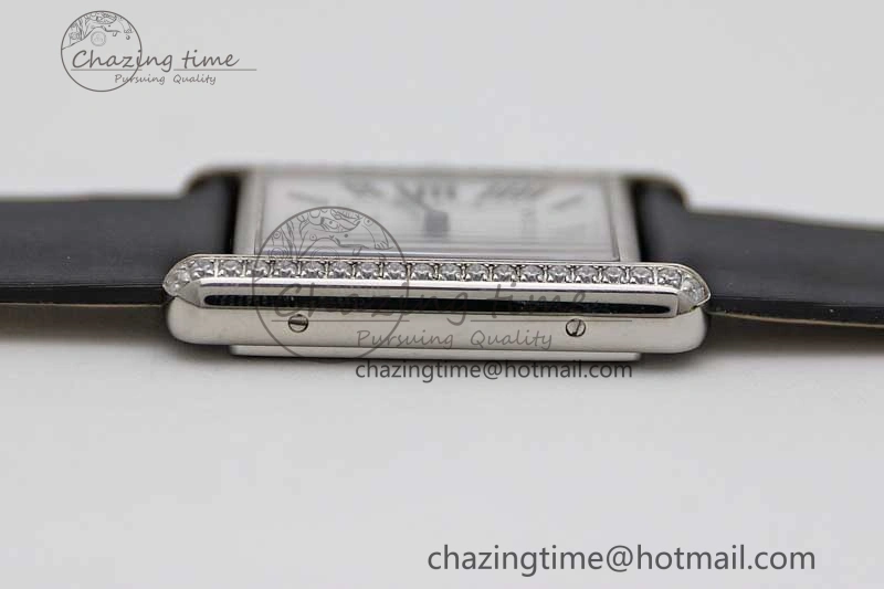 EyeCatching Tank Must Large SS K11F 1:1 Best Edition White Dial Diamonds Bezel on Satin Leather Strap Ronda Quartz 6071