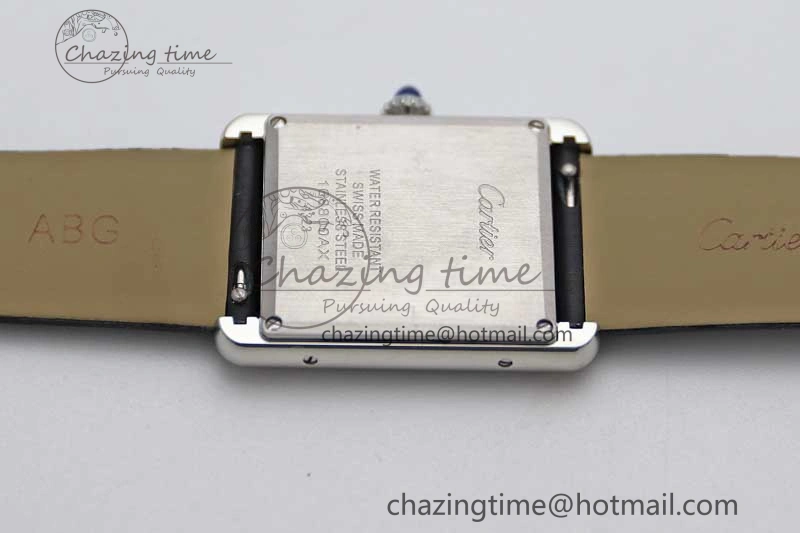 EyeCatching Tank Must Large SS K11F 1:1 Best Edition White Dial Diamonds Bezel on Satin Leather Strap Ronda Quartz 6071