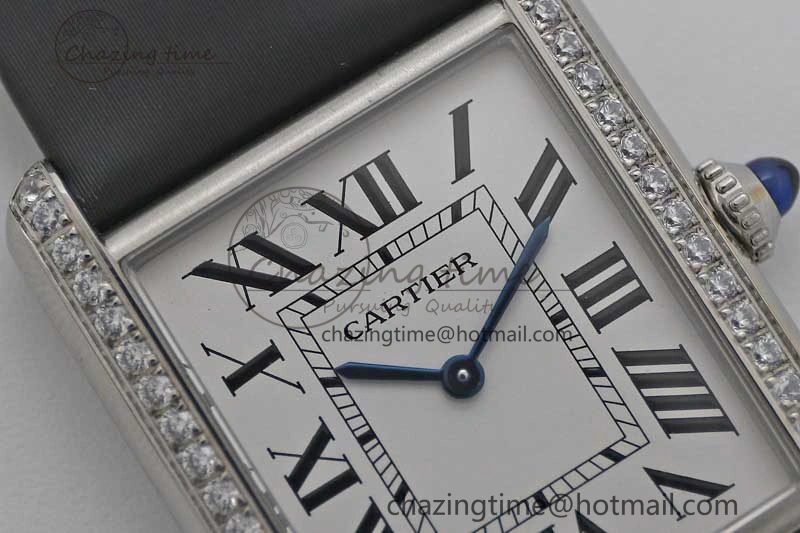 EyeCatching Tank Must Large SS K11F 1:1 Best Edition White Dial Diamonds Bezel on Satin Leather Strap Ronda Quartz 6071