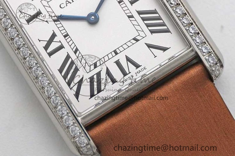 ModernLook Tank Must Large SS K11F 1:1 Best Edition White Dial Diamonds Bezel on Satin Leather Strap Ronda Quartz 10223