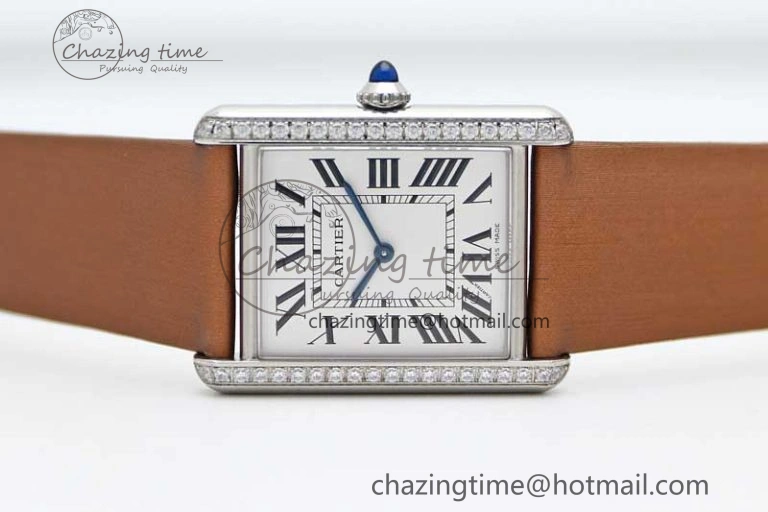 ModernLook Tank Must Large SS K11F 1:1 Best Edition White Dial Diamonds Bezel on Satin Leather Strap Ronda Quartz 10223