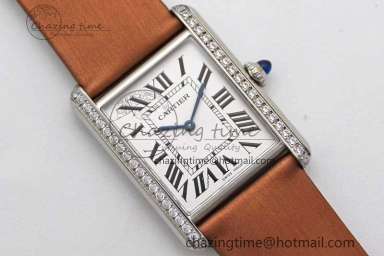 ModernLook Tank Must Large SS K11F 1:1 Best Edition White Dial Diamonds Bezel on Satin Leather Strap Ronda Quartz 10223