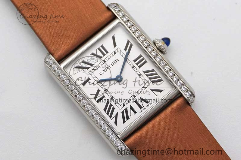 ModernLook Tank Must Large SS K11F 1:1 Best Edition White Dial Diamonds Bezel on Satin Leather Strap Ronda Quartz 10223