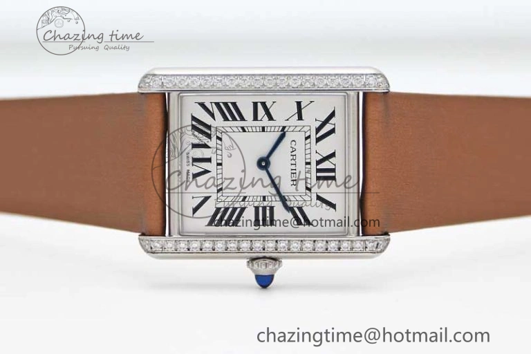 ModernLook Tank Must Large SS K11F 1:1 Best Edition White Dial Diamonds Bezel on Satin Leather Strap Ronda Quartz 10223