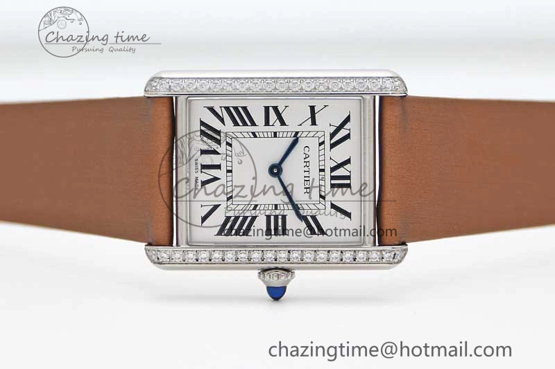 ModernLook Tank Must Large SS K11F 1:1 Best Edition White Dial Diamonds Bezel on Satin Leather Strap Ronda Quartz 10223