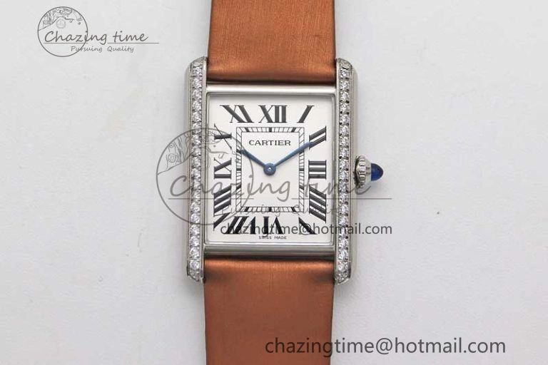 ModernLook Tank Must Large SS K11F 1:1 Best Edition White Dial Diamonds Bezel on Satin Leather Strap Ronda Quartz 10223