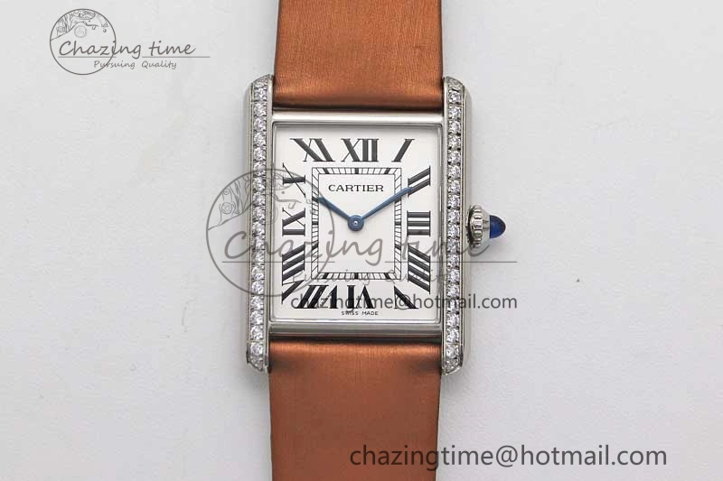 ModernLook Tank Must Large SS K11F 1:1 Best Edition White Dial Diamonds Bezel on Satin Leather Strap Ronda Quartz 10223
