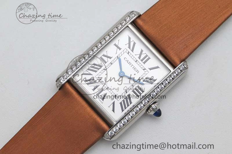 ModernLook Tank Must Large SS K11F 1:1 Best Edition White Dial Diamonds Bezel on Satin Leather Strap Ronda Quartz 10223