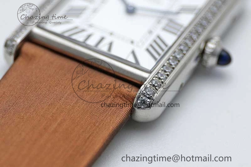 ModernLook Tank Must Large SS K11F 1:1 Best Edition White Dial Diamonds Bezel on Satin Leather Strap Ronda Quartz 10223