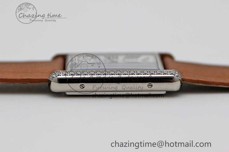 ModernLook Tank Must Large SS K11F 1:1 Best Edition White Dial Diamonds Bezel on Satin Leather Strap Ronda Quartz 10223