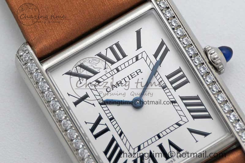 ModernLook Tank Must Large SS K11F 1:1 Best Edition White Dial Diamonds Bezel on Satin Leather Strap Ronda Quartz 10223