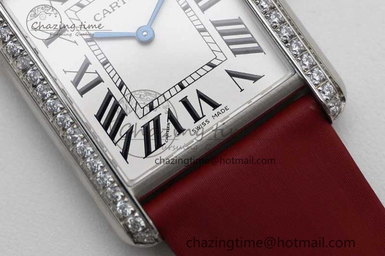 Tank Must Large SS K11F 1:1 Best Edition White Dial Diamonds Bezel on Satin Leather Strap Ronda Quartz FreshLook 6061