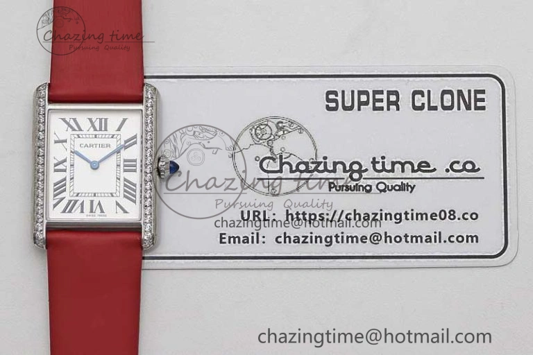 Tank Must Large SS K11F 1:1 Best Edition White Dial Diamonds Bezel on Satin Leather Strap Ronda Quartz FreshLook 6061