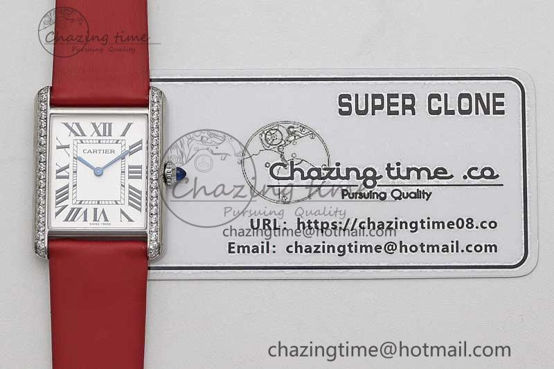 Tank Must Large SS K11F 1:1 Best Edition White Dial Diamonds Bezel on Satin Leather Strap Ronda Quartz FreshLook 6061