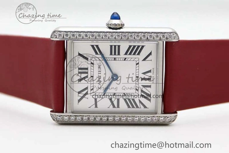 Tank Must Large SS K11F 1:1 Best Edition White Dial Diamonds Bezel on Satin Leather Strap Ronda Quartz FreshLook 6061