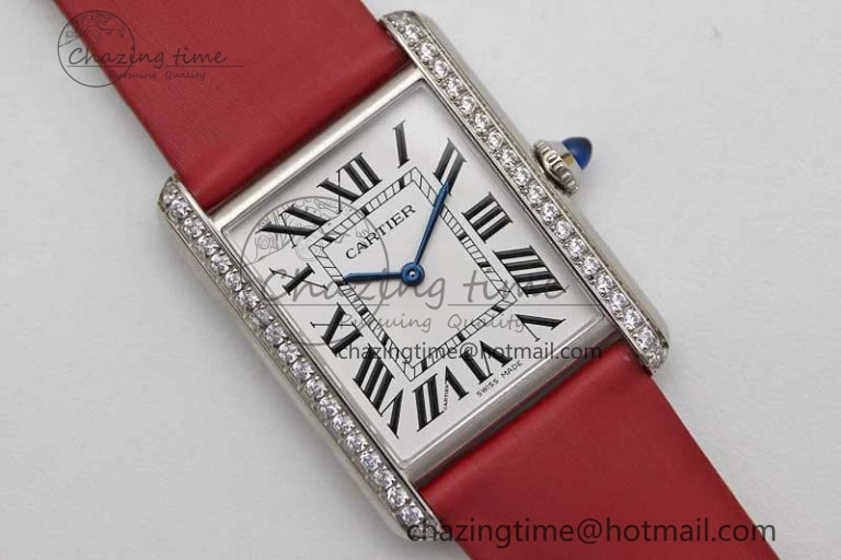 Tank Must Large SS K11F 1:1 Best Edition White Dial Diamonds Bezel on Satin Leather Strap Ronda Quartz FreshLook 6061