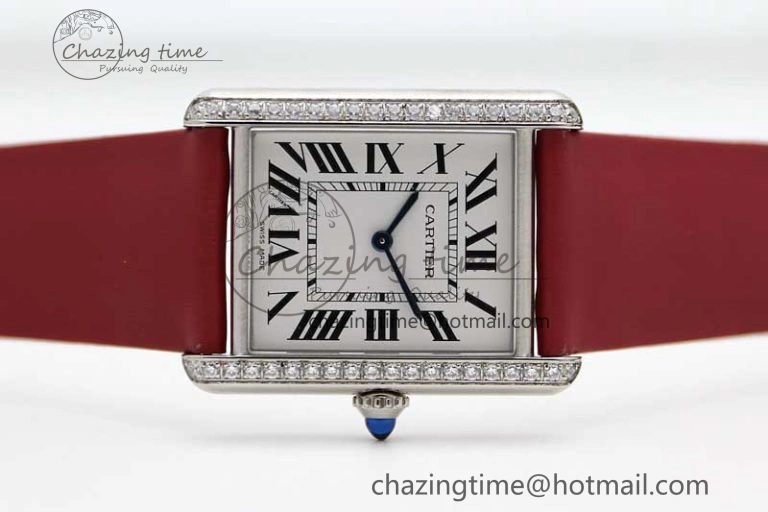 Tank Must Large SS K11F 1:1 Best Edition White Dial Diamonds Bezel on Satin Leather Strap Ronda Quartz FreshLook 6061