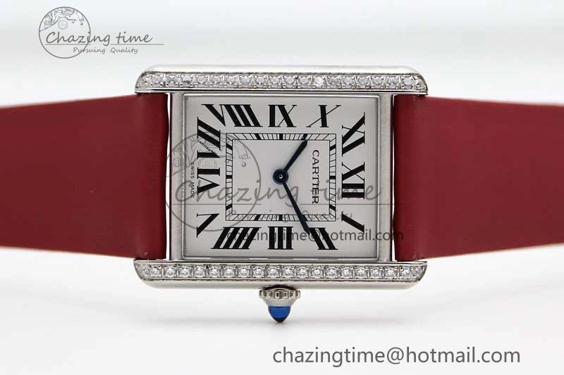 Tank Must Large SS K11F 1:1 Best Edition White Dial Diamonds Bezel on Satin Leather Strap Ronda Quartz FreshLook 6061