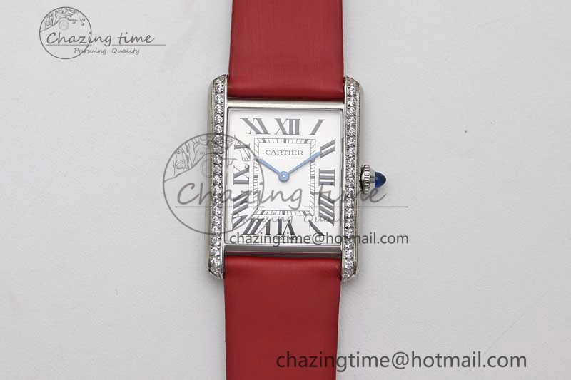 Tank Must Large SS K11F 1:1 Best Edition White Dial Diamonds Bezel on Satin Leather Strap Ronda Quartz FreshLook 6061