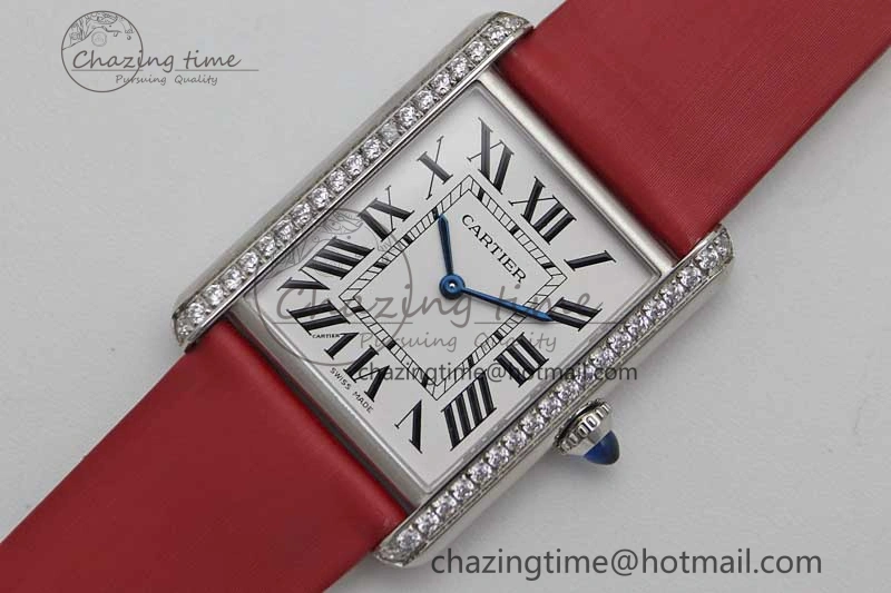 Tank Must Large SS K11F 1:1 Best Edition White Dial Diamonds Bezel on Satin Leather Strap Ronda Quartz FreshLook 6061