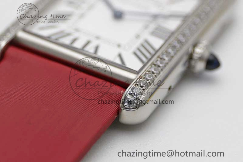 Tank Must Large SS K11F 1:1 Best Edition White Dial Diamonds Bezel on Satin Leather Strap Ronda Quartz FreshLook 6061