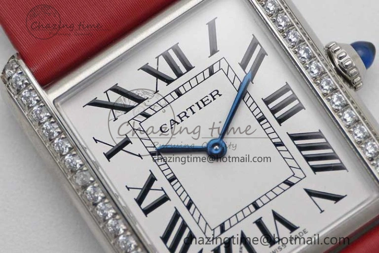 Tank Must Large SS K11F 1:1 Best Edition White Dial Diamonds Bezel on Satin Leather Strap Ronda Quartz FreshLook 6061