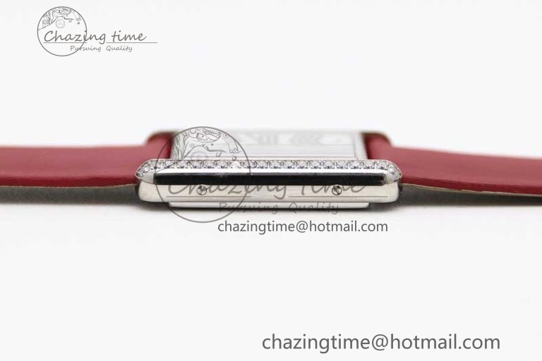 Tank Must Large SS K11F 1:1 Best Edition White Dial Diamonds Bezel on Satin Leather Strap Ronda Quartz FreshLook 6061