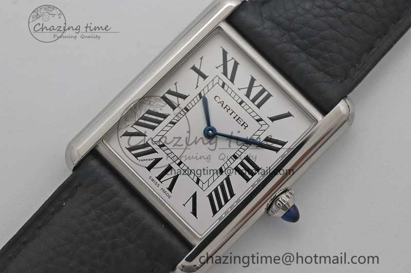 Tank Must Large SS K11F 1:1 Best Edition White Dial on Black Leather Strap Ronda Quartz EasyCare 10229