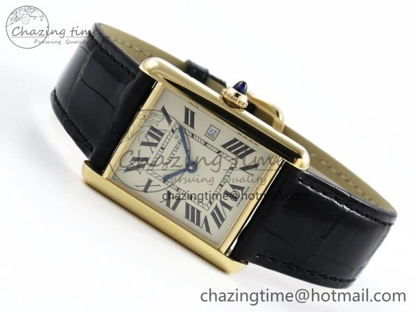 Classic Tank Must Large YG 33.7mm DRF 1:1 Best Edition YG Dial on Black Leather Strap Swiss Quartz 5953