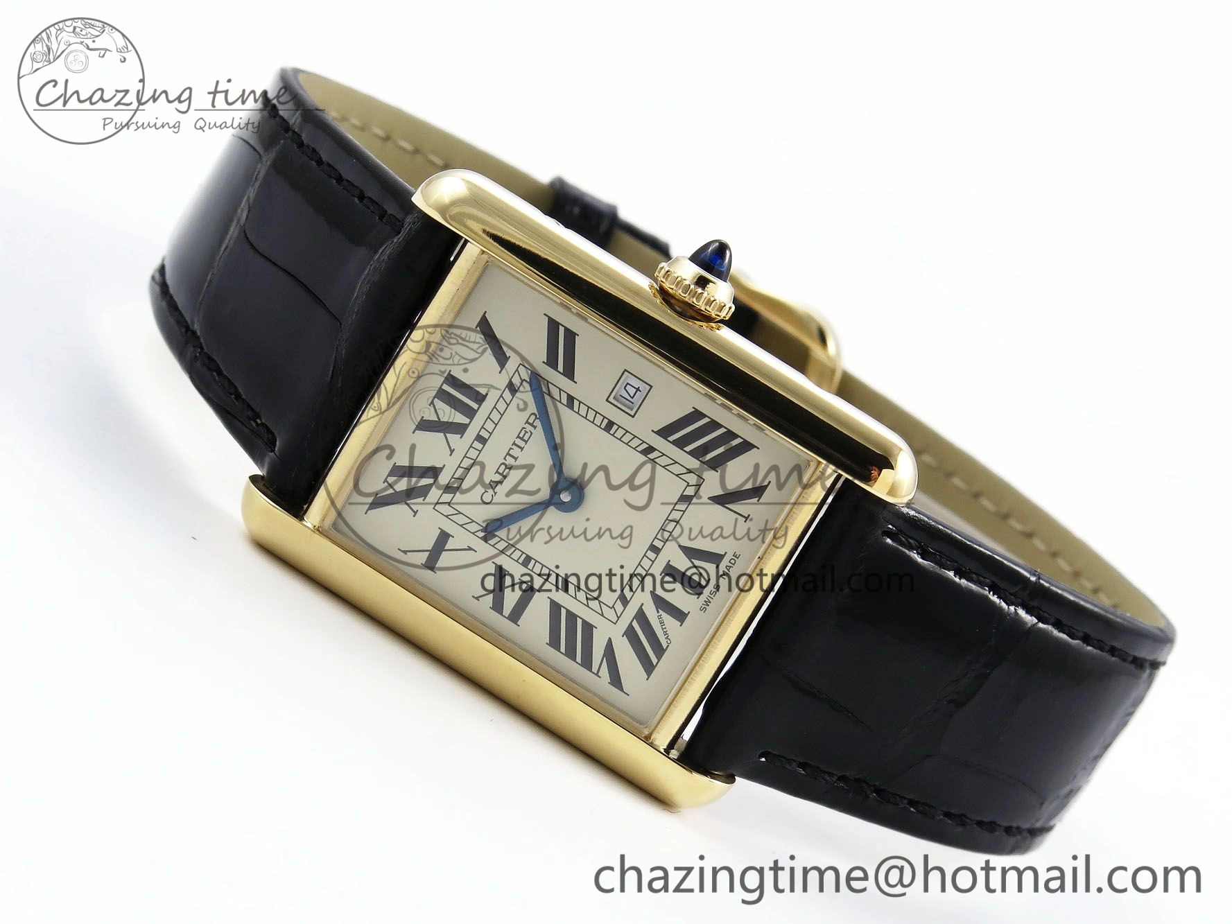 Classic Tank Must Large YG 33.7mm DRF 1:1 Best Edition YG Dial on Black Leather Strap Swiss Quartz 5953