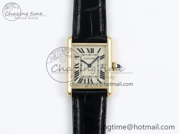 Classic Tank Must Large YG 33.7mm DRF 1:1 Best Edition YG Dial on Black Leather Strap Swiss Quartz 5953