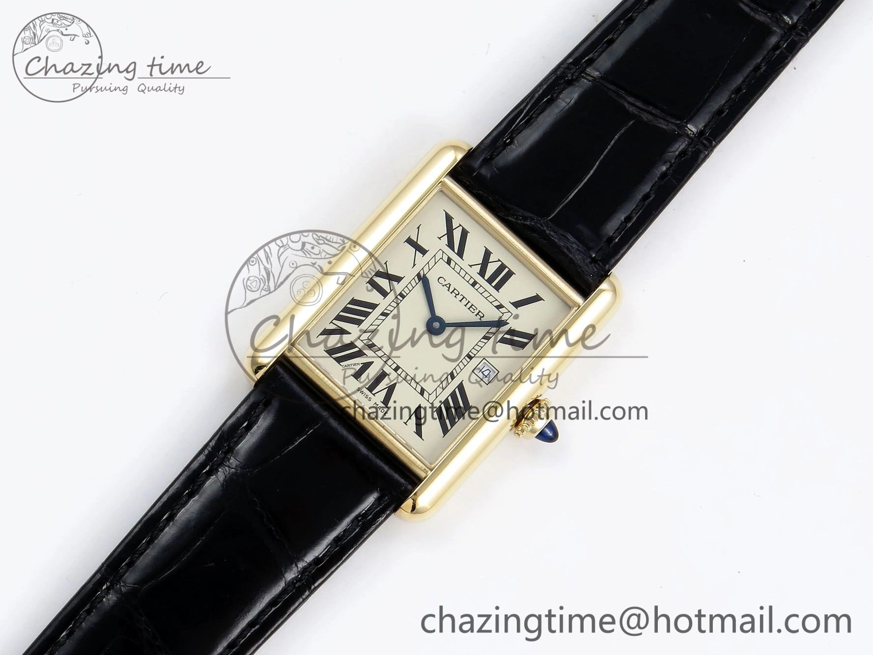 Classic Tank Must Large YG 33.7mm DRF 1:1 Best Edition YG Dial on Black Leather Strap Swiss Quartz 5953