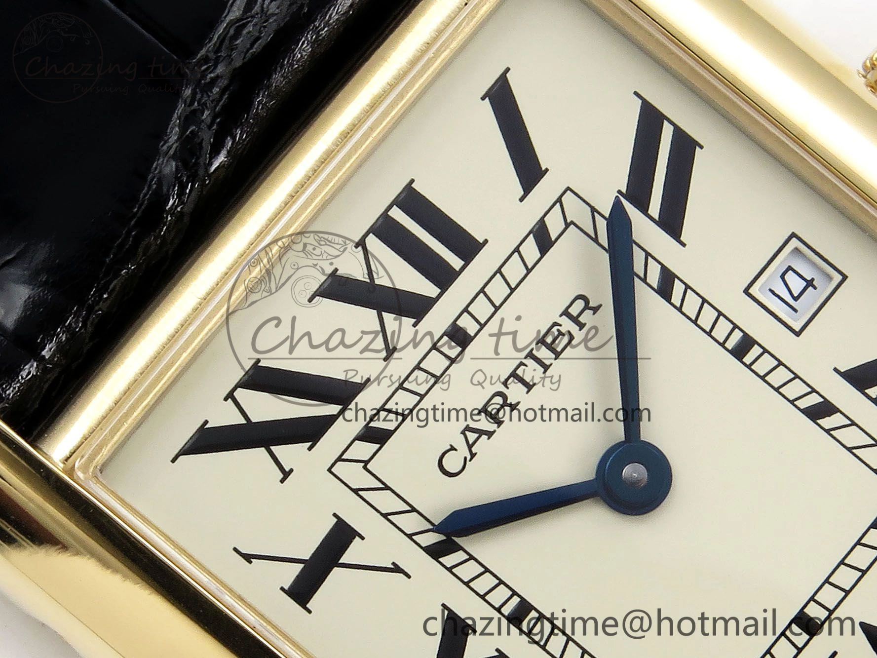 Classic Tank Must Large YG 33.7mm DRF 1:1 Best Edition YG Dial on Black Leather Strap Swiss Quartz 5953