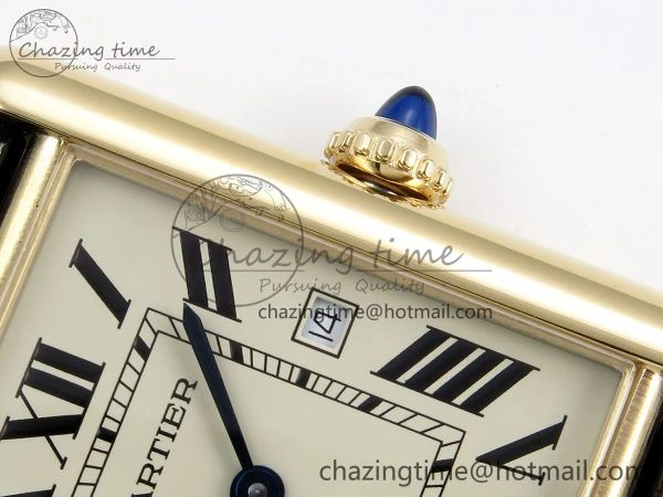 Classic Tank Must Large YG 33.7mm DRF 1:1 Best Edition YG Dial on Black Leather Strap Swiss Quartz 5953