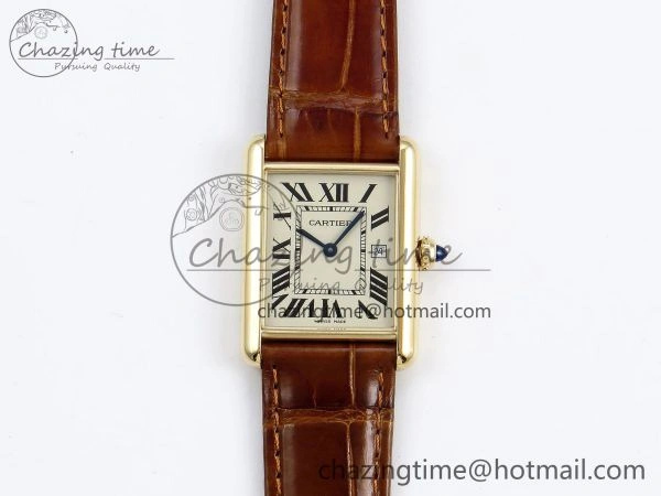 Tank Must Large YG 33.7mm DRF 1:1 Best Edition YG Dial on Brown Leather Strap Swiss Quartz Colorful 5949