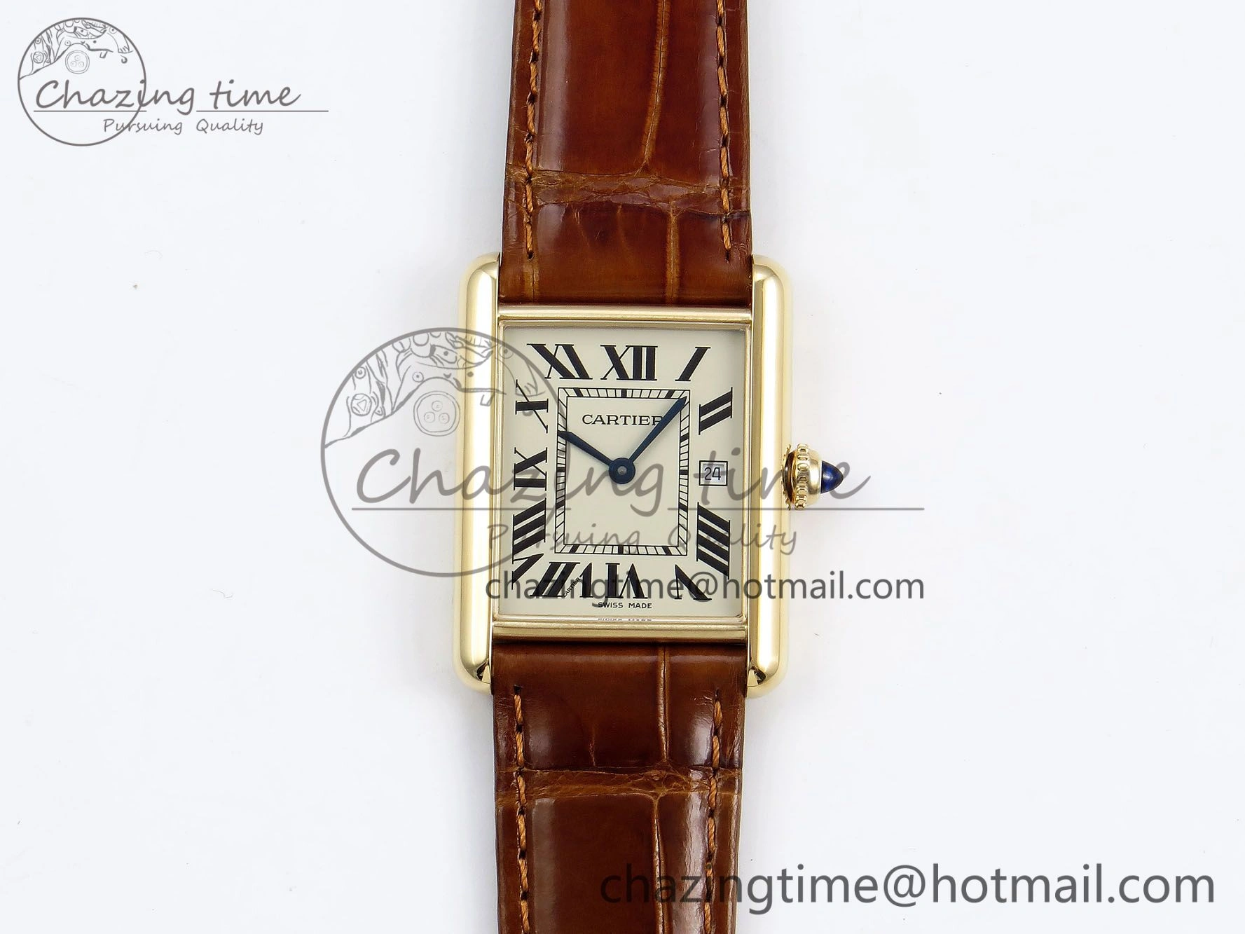 Tank Must Large YG 33.7mm DRF 1:1 Best Edition YG Dial on Brown Leather Strap Swiss Quartz Colorful 5949