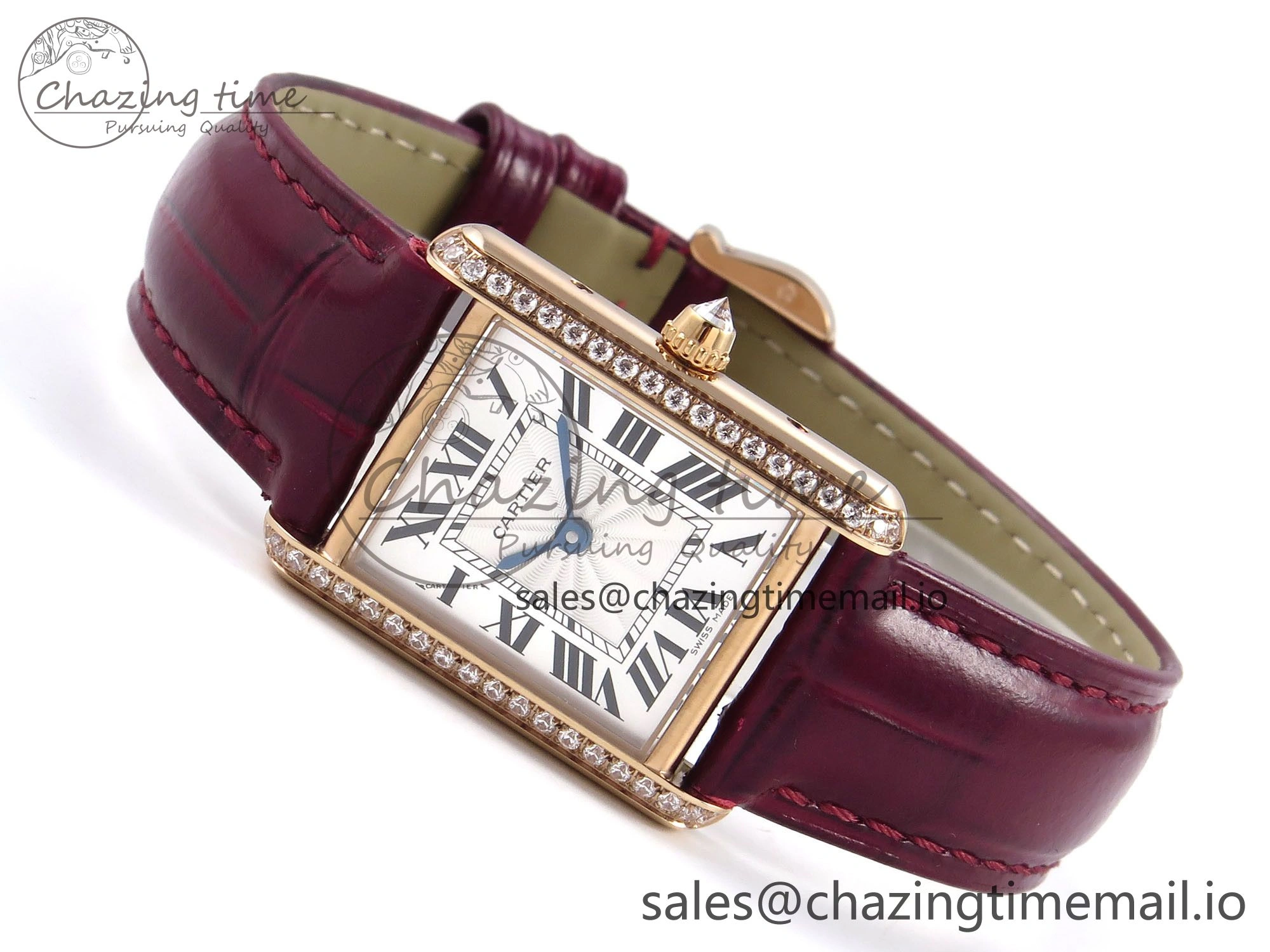 ModernLook Tank Must RG 22mm AF 1:1 Best Edition White Dial Diamonds Bezel on Red Leather Strap Ronda Quartz 5870