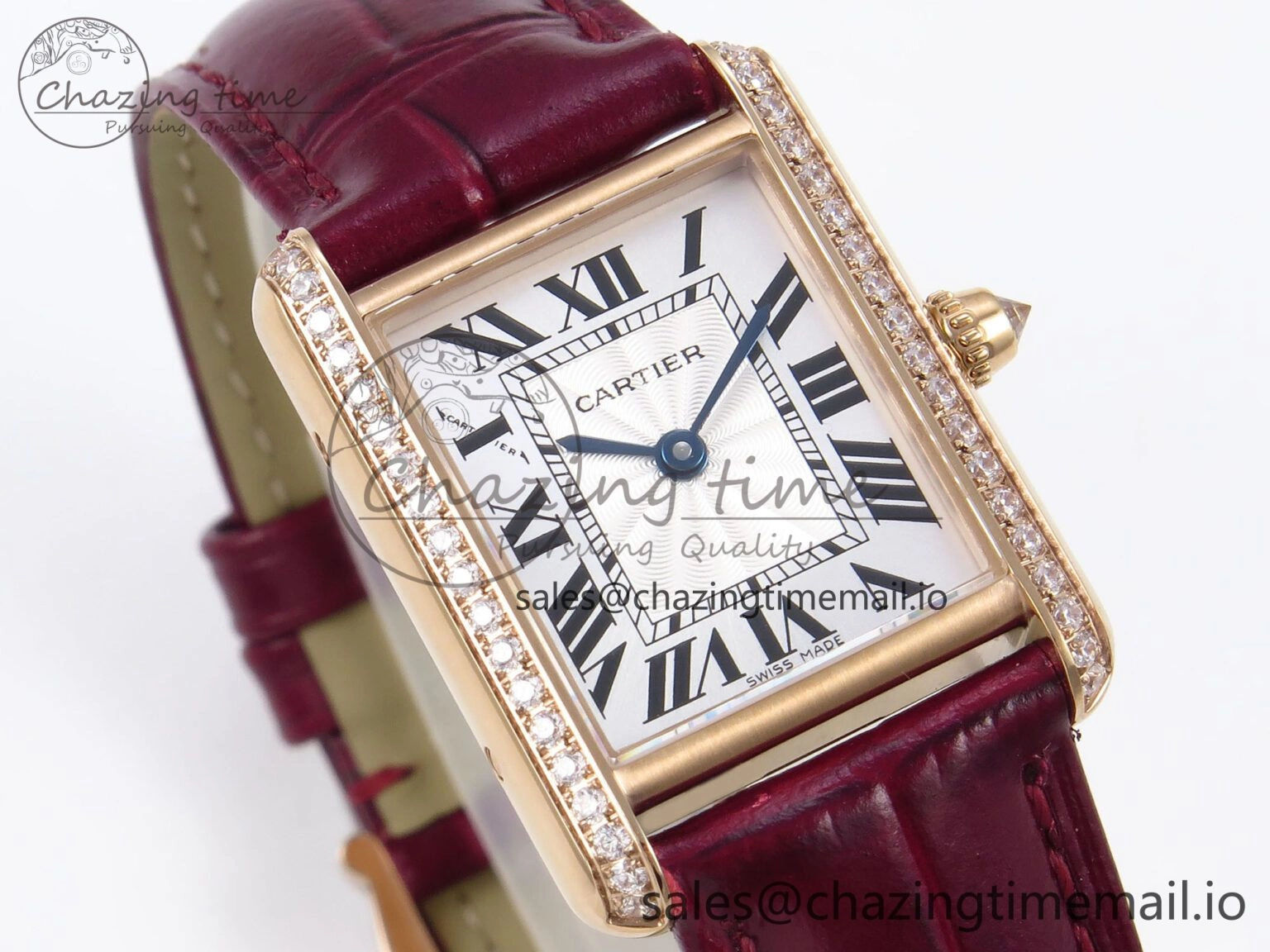 ModernLook Tank Must RG 22mm AF 1:1 Best Edition White Dial Diamonds Bezel on Red Leather Strap Ronda Quartz 5870