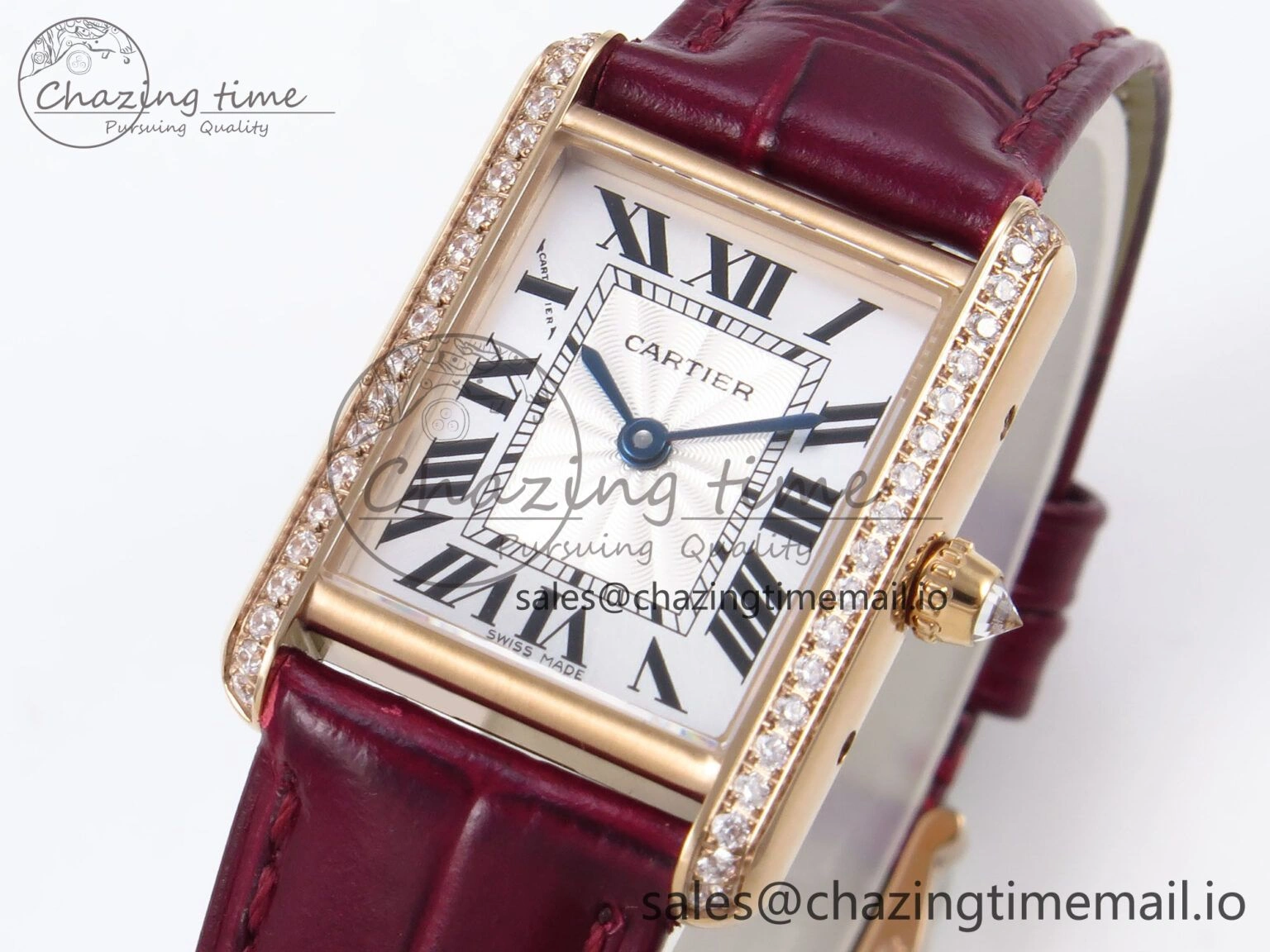 ModernLook Tank Must RG 22mm AF 1:1 Best Edition White Dial Diamonds Bezel on Red Leather Strap Ronda Quartz 5870