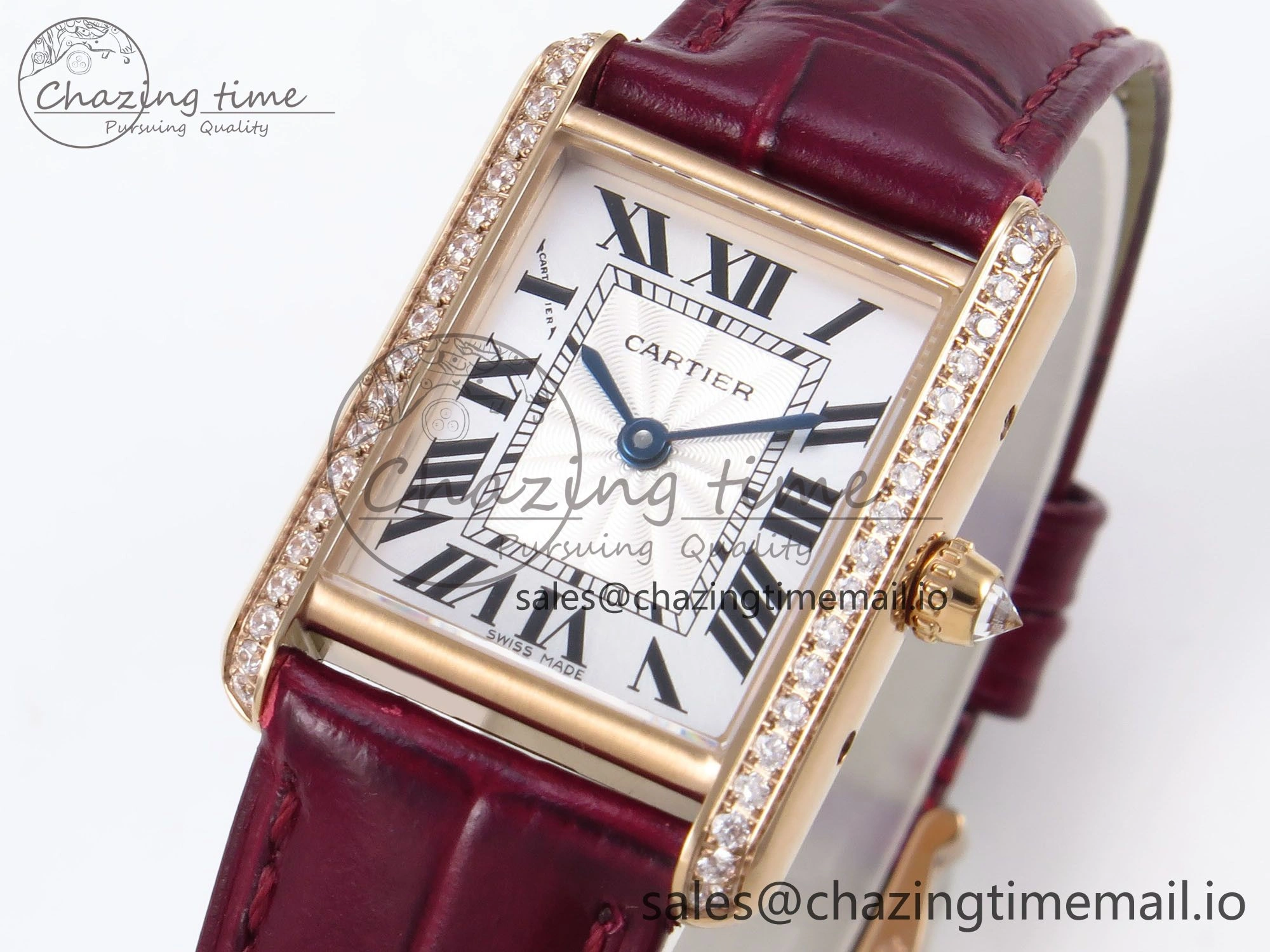 ModernLook Tank Must RG 22mm AF 1:1 Best Edition White Dial Diamonds Bezel on Red Leather Strap Ronda Quartz 5870