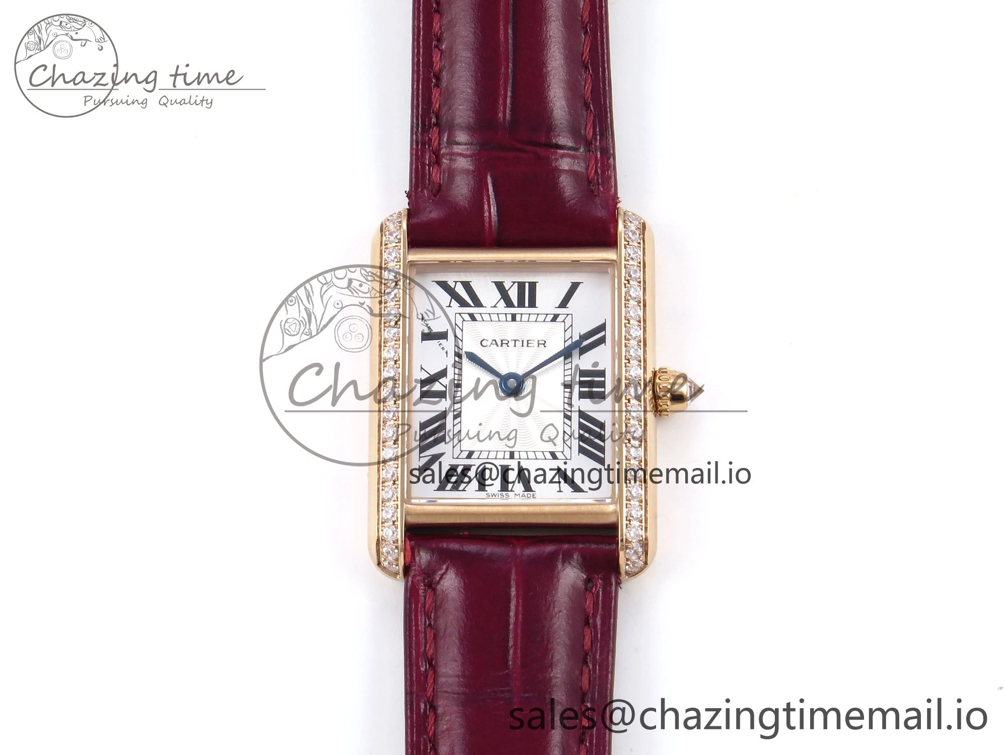 ModernLook Tank Must RG 22mm AF 1:1 Best Edition White Dial Diamonds Bezel on Red Leather Strap Ronda Quartz 5870