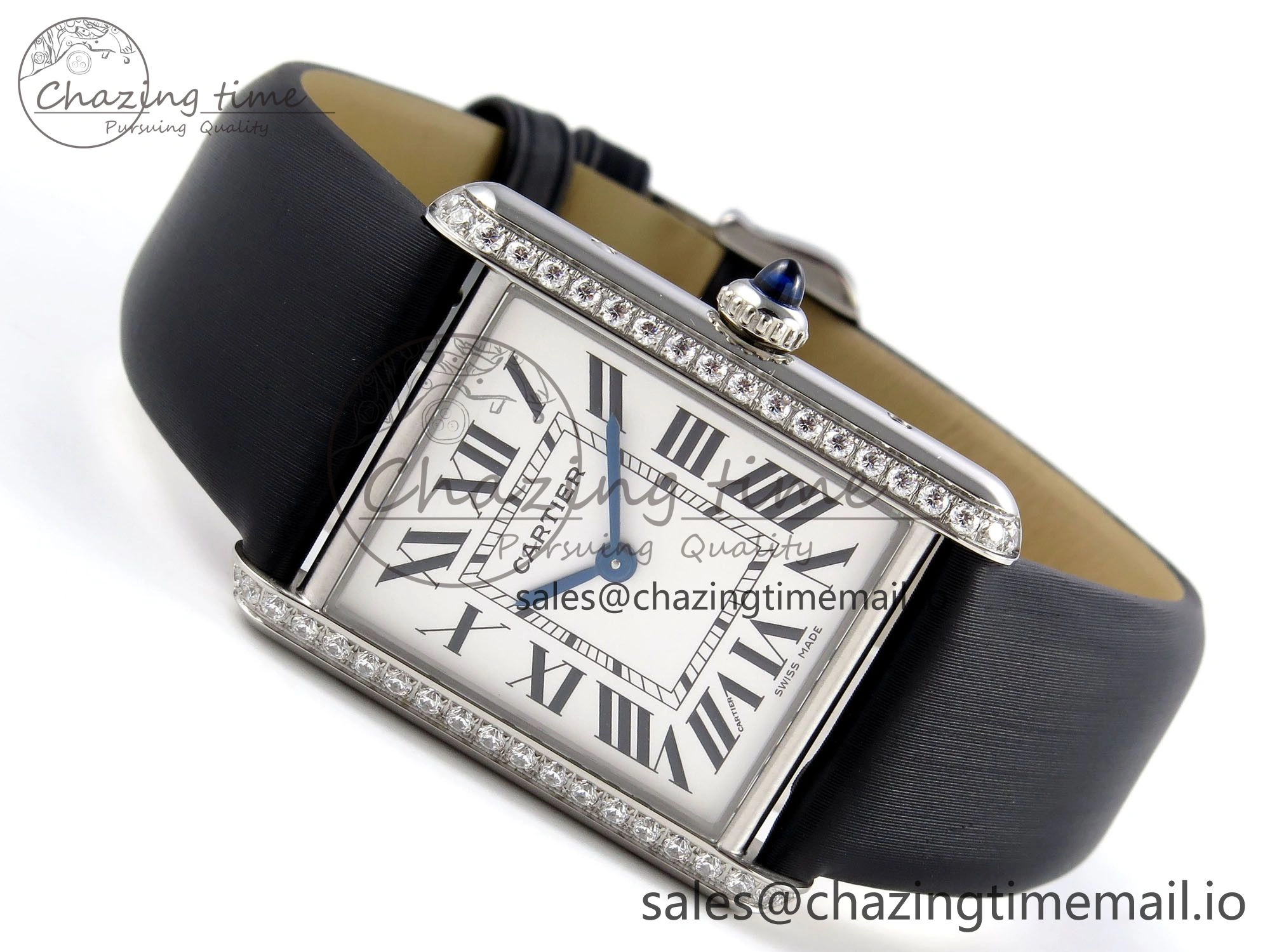 Tank Must SS 25.5mm AF 1:1 Best Edition White Dial Diamonds Bezel on Black Fabric Strap Ronda Quartz Comfortable 5883