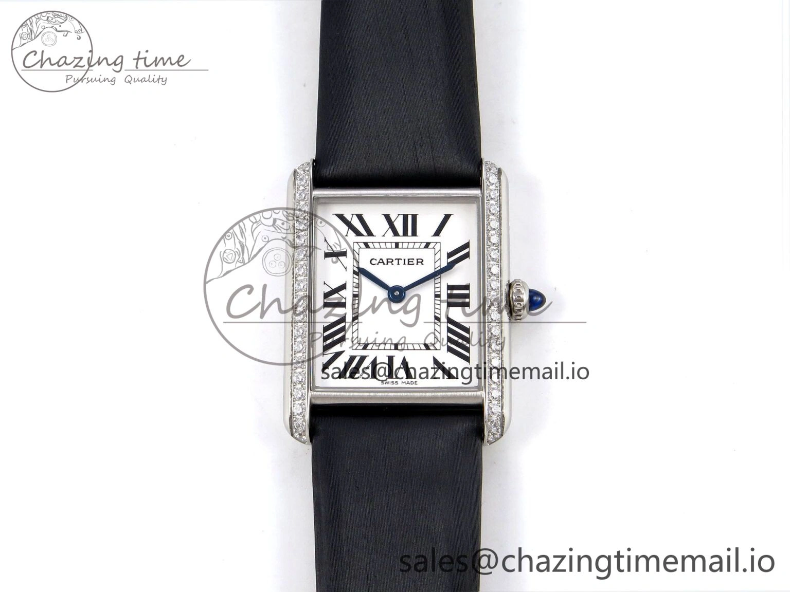 Tank Must SS 25.5mm AF 1:1 Best Edition White Dial Diamonds Bezel on Black Fabric Strap Ronda Quartz Comfortable 5883